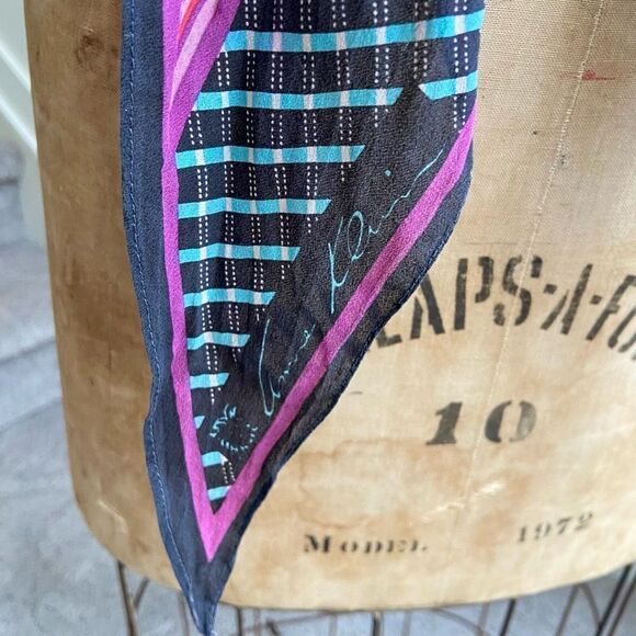 Vintage Anne Klein Silk Parallegram Neck Scarf w/ Striped Southwestern Style Pat - Picture 2 of 9